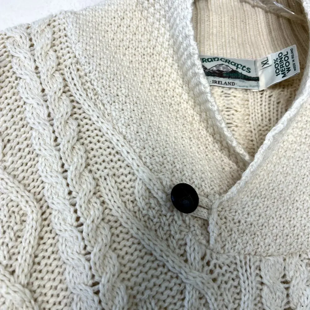 Aran Crafts 100% Merino Wool Shawl Collar Cable Knit Pullover Sweater Cream XL